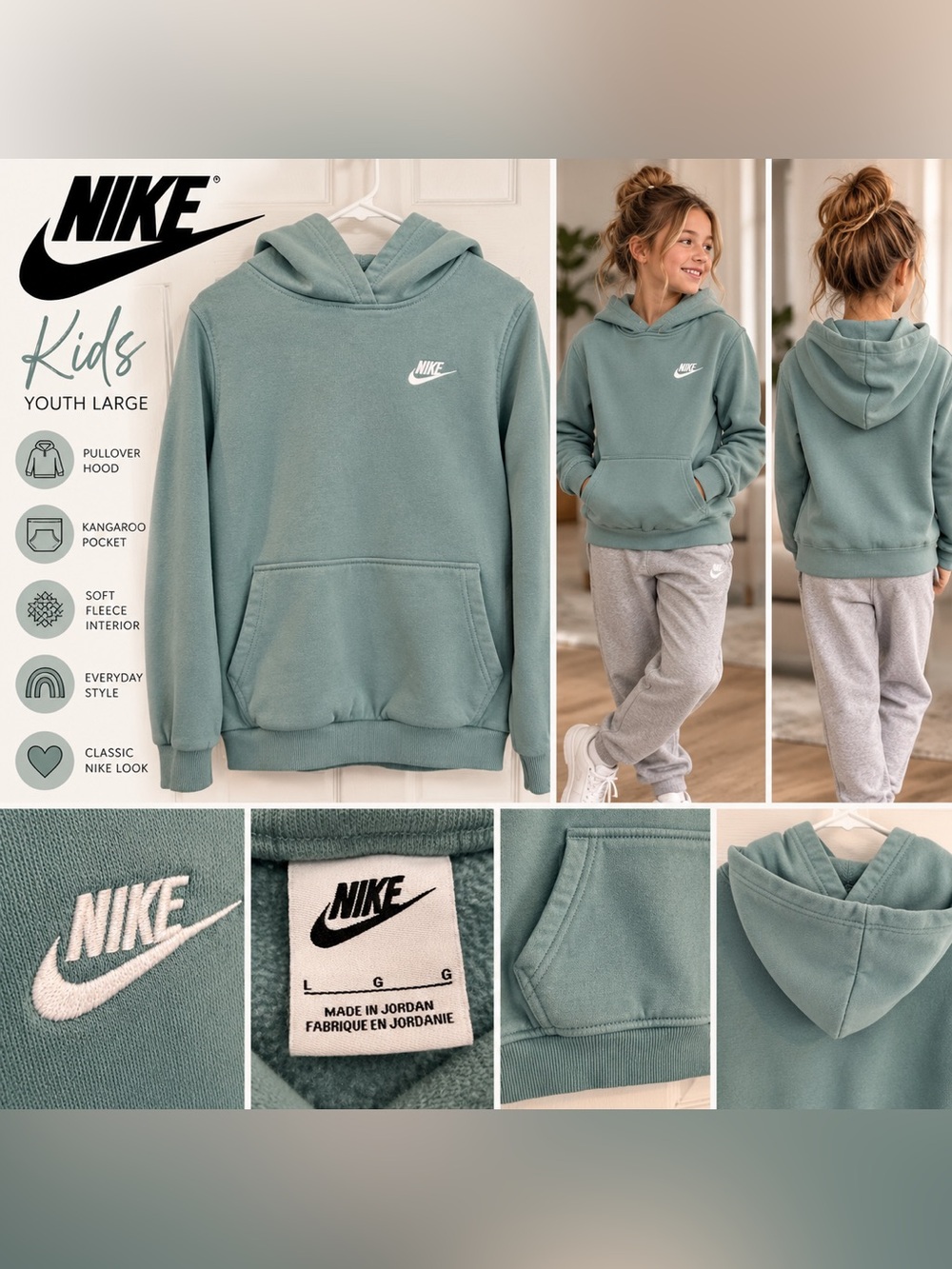 Nike Sportswear Sage Green Fleece Pullover Hoodie Size L